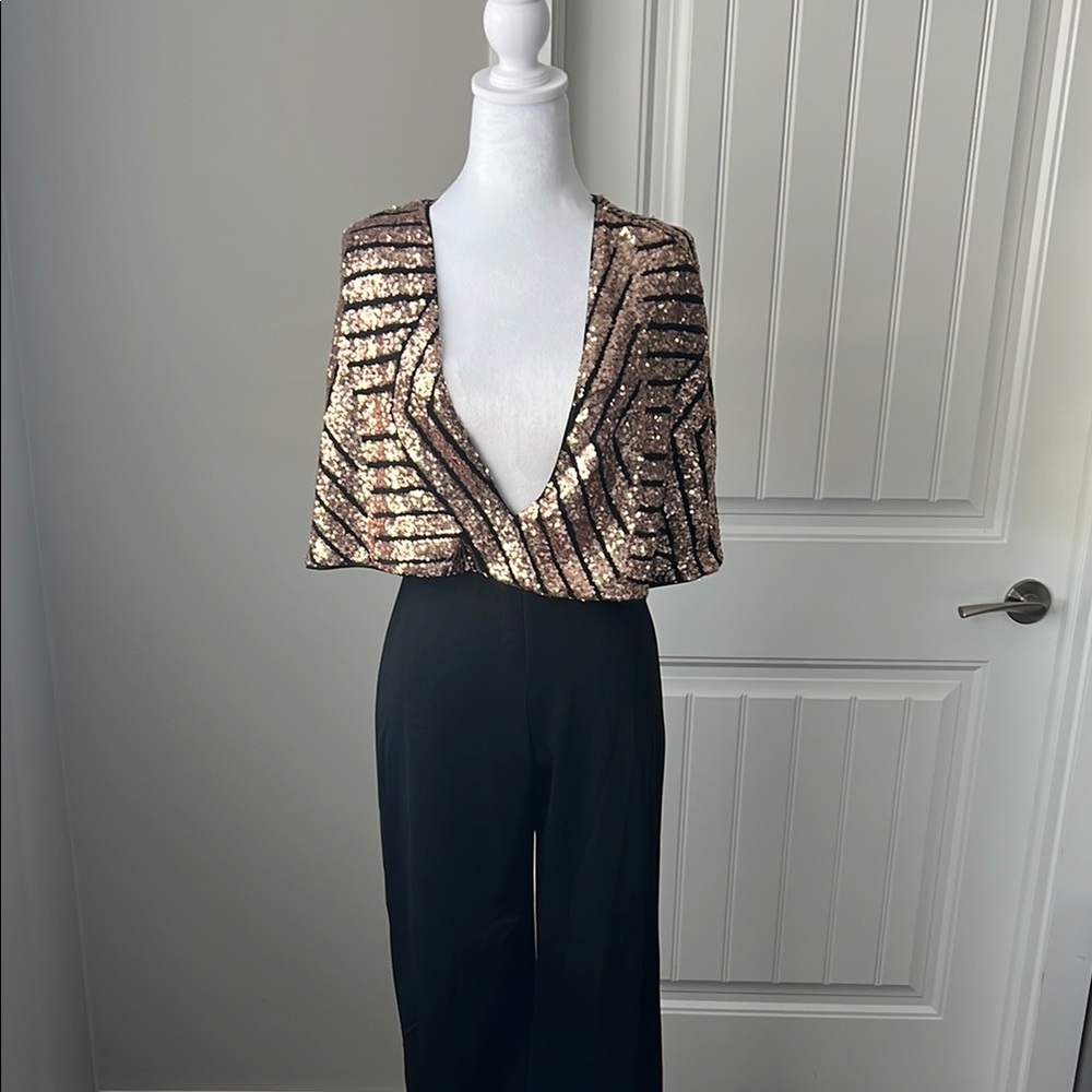 Sequin Black deep V Jumpsuit with rose gold Cape